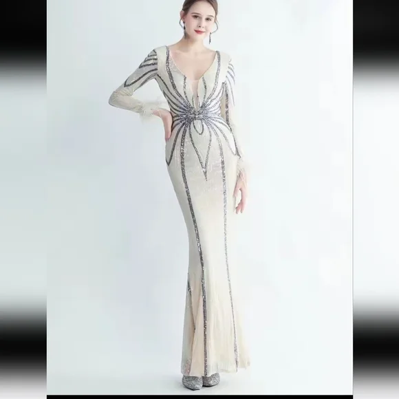 Gray and Cream Backless Embellished Gown with Bishop Sleeves - Picture 1 of 14